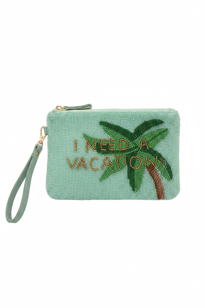 “I Need a Vacation” Beaded Palm Tree Wristlet