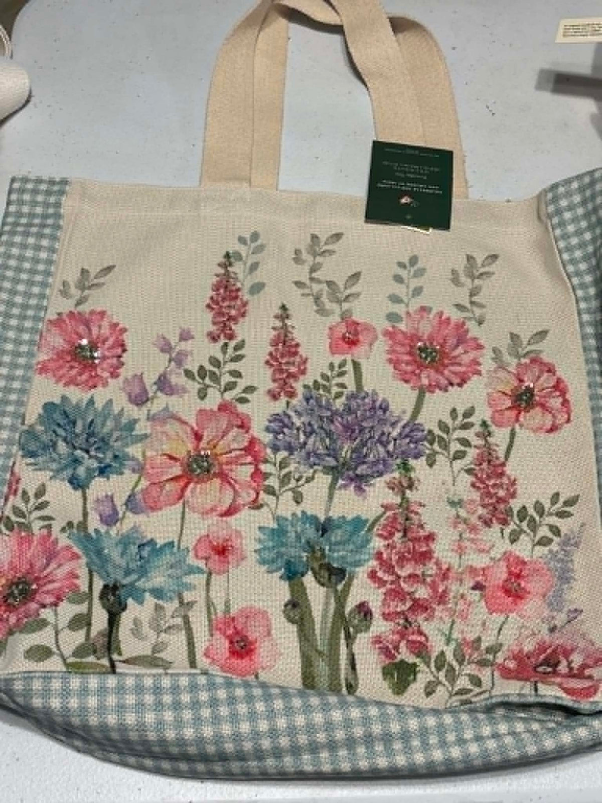 Wildflower Garden Canvas Tote Bag with Gingham Trim