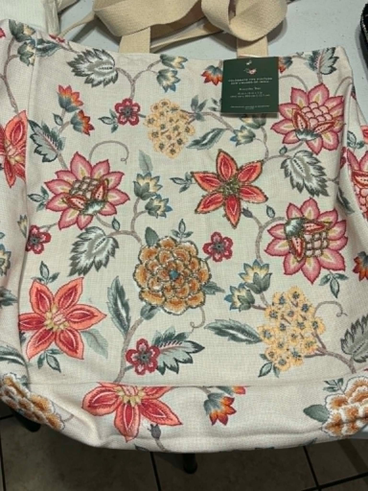 Colorful Floral Canvas Tote Bag with Striped Trim