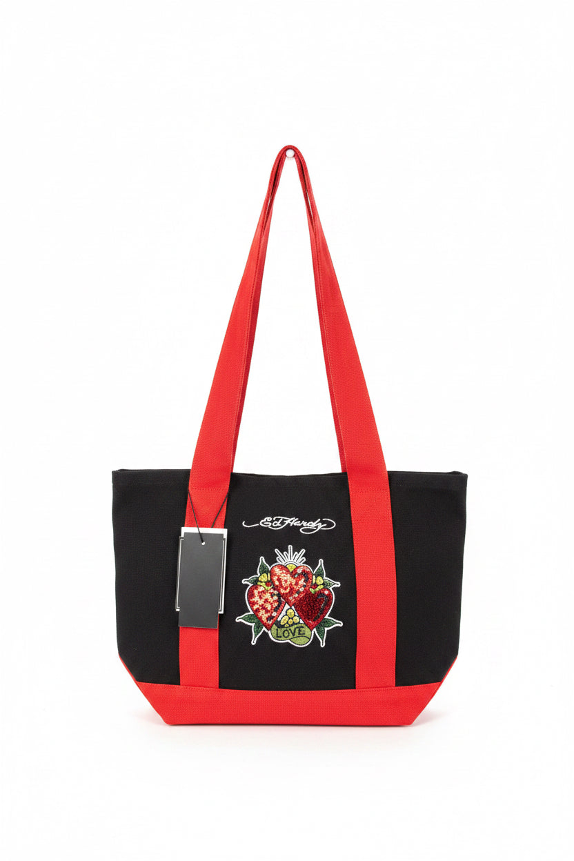 Ed Hardy Strawberry Black & Red Canvas Tote Bag