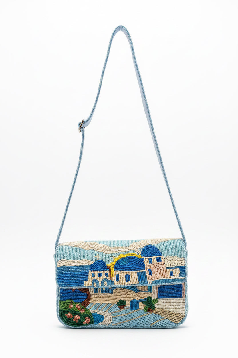 Mediterranean Blue & White Beaded Vacation Tote Bag