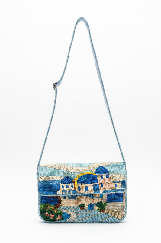 Mediterranean Blue & White Beaded Vacation Tote Bag