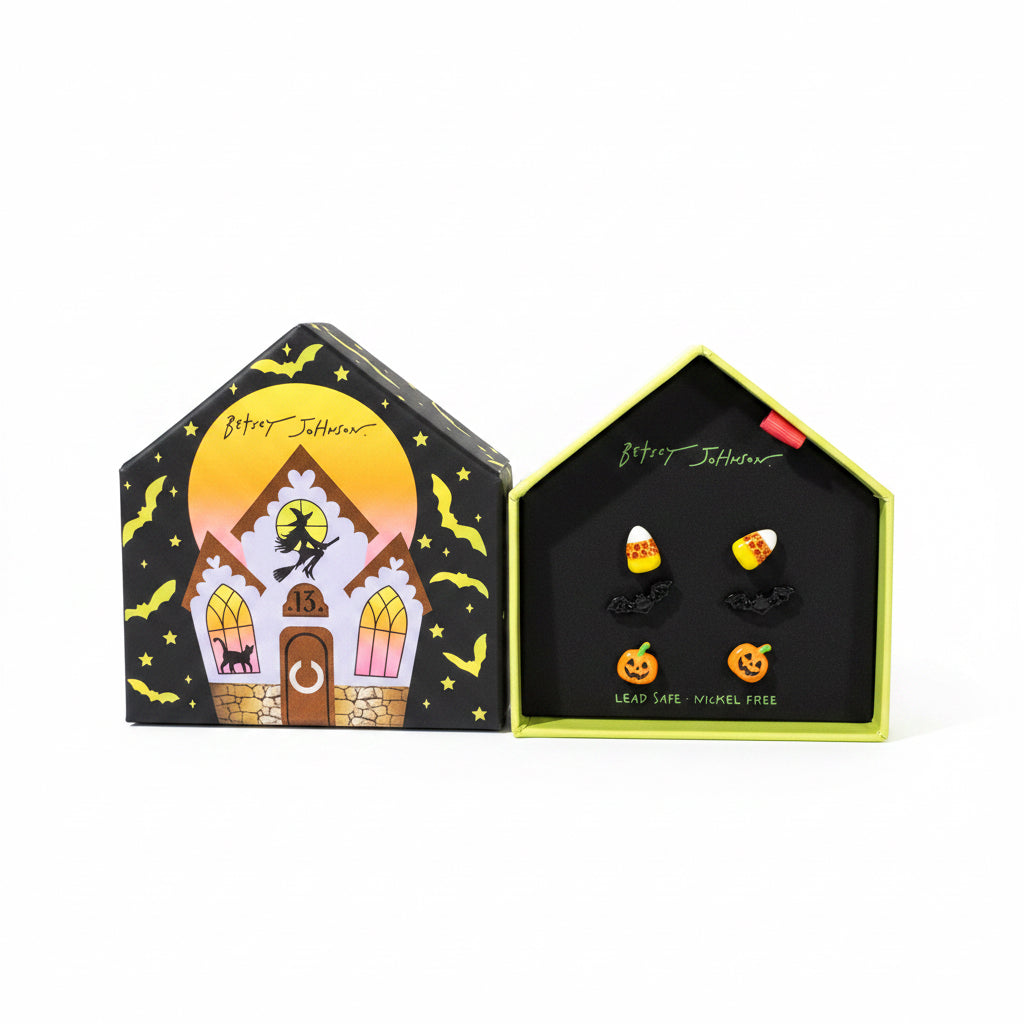 Betsey Johnson Halloween Candy Corn, Bat, & Pumpkin Stud Earrings
