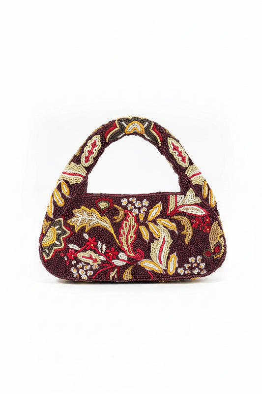 Burgundy Floral Beaded Mini Handbag