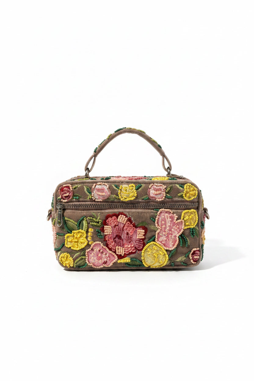 Beaded Floral Top Handle Crossbody Bag