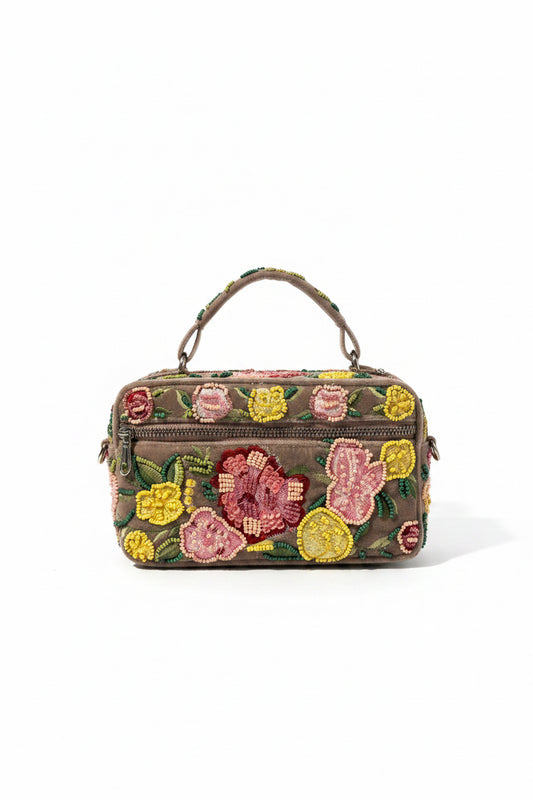 Beaded Floral Top Handle Crossbody Bag