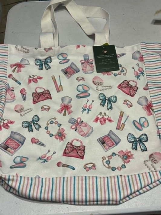 Bow & Beauty Print Canvas Tote Bag with Striped Trim