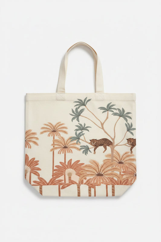 Tropical Palm Tree Canvas Tote Bag with Striped Trim