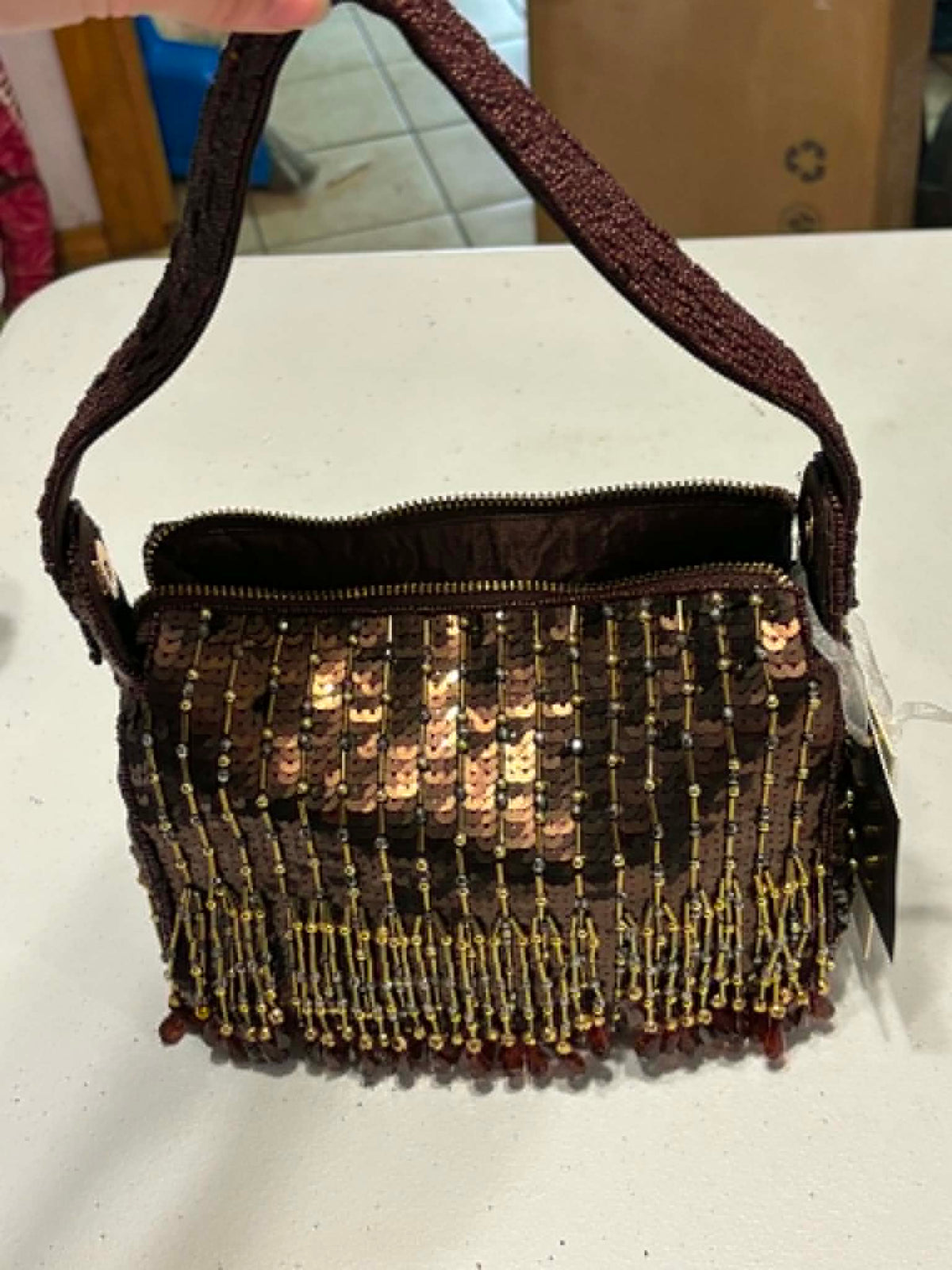 Bronze Beaded Fringe Shoulder Bag