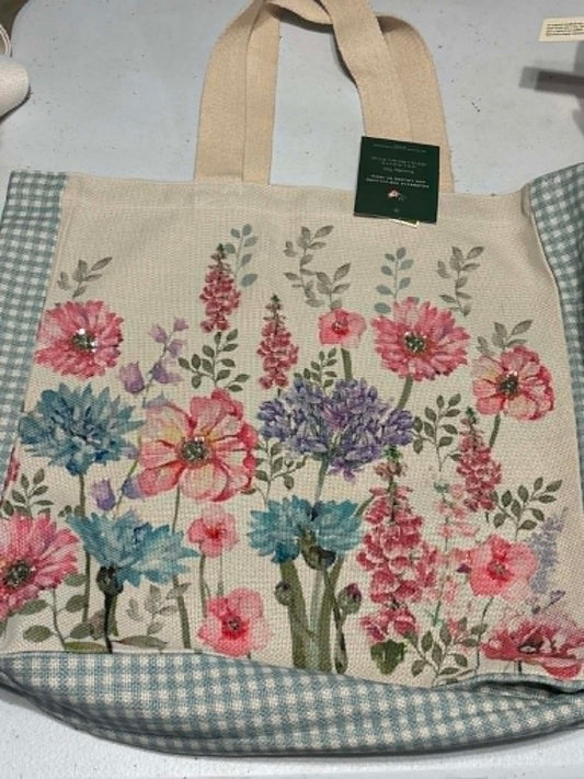 Wildflower Garden Canvas Tote Bag with Gingham Trim