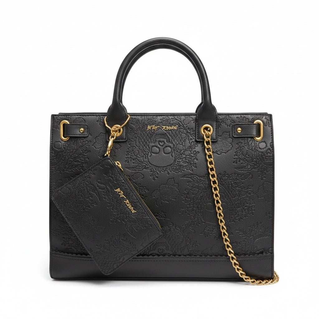 Betsey Johnson Black Embossed Floral Tote Bag