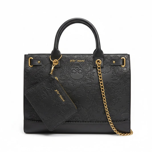 Betsey Johnson Black Embossed Floral Tote Bag