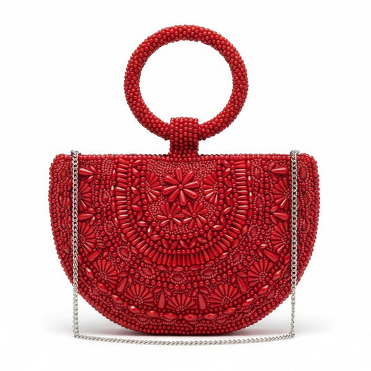 Red Floral Mandala Beaded Handbag