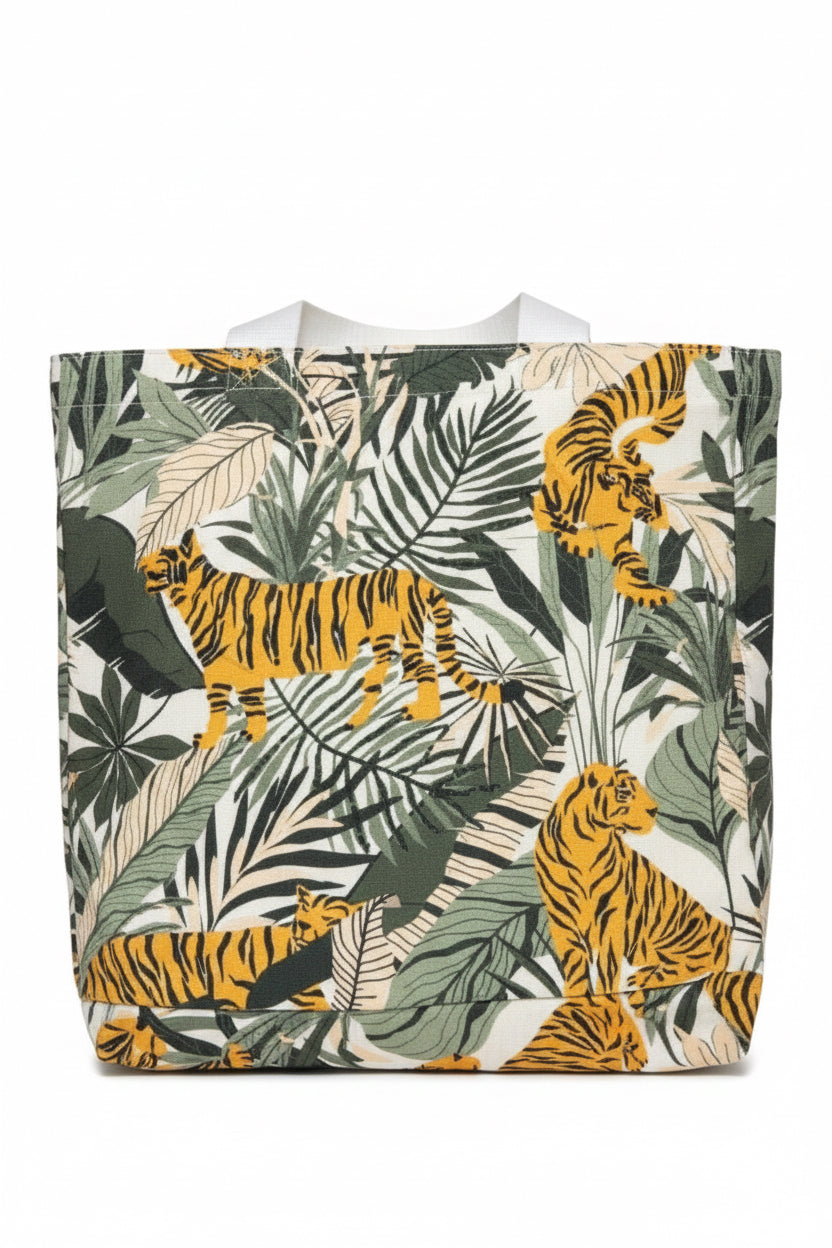 Tiger & Tropical Leaf Canvas Tote Bag